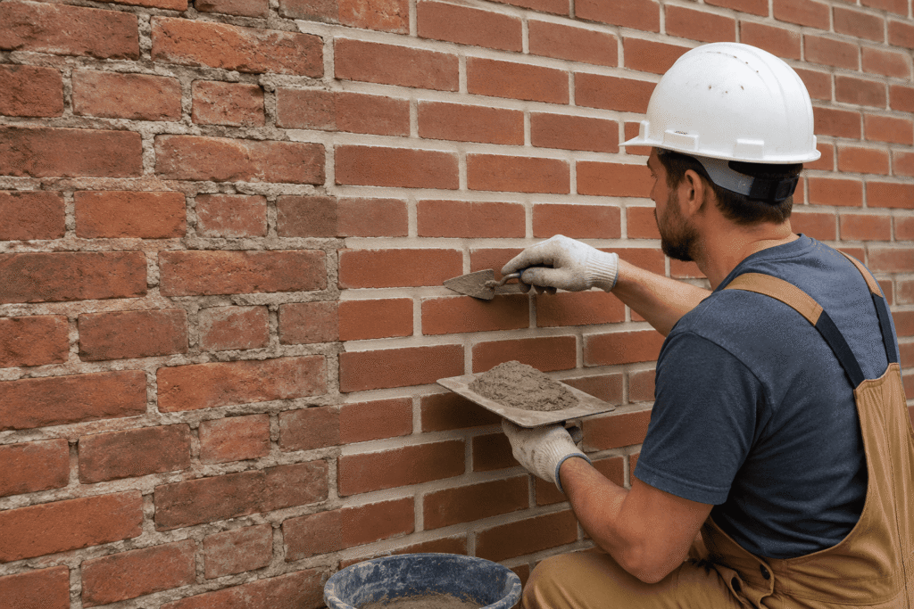 Mason repointing a red brick wall by replacing damaged mortar joints with fresh mortar.