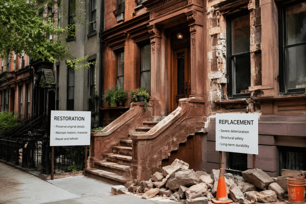 Brownstone homes NYC showing restoration and replacement of a deteriorated historic facade
