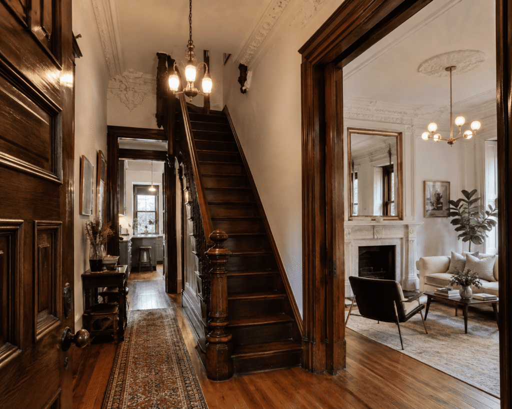 Traditional brownstone house interior with original wood floors, carved staircase, decorative moldings, fireplace, and modern living space