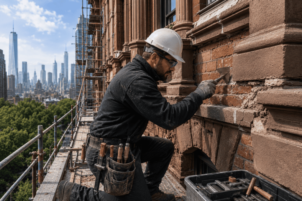 Professional mason contractor repairing a historic brownstone facade with brick repointing and masonry restoration in NYC