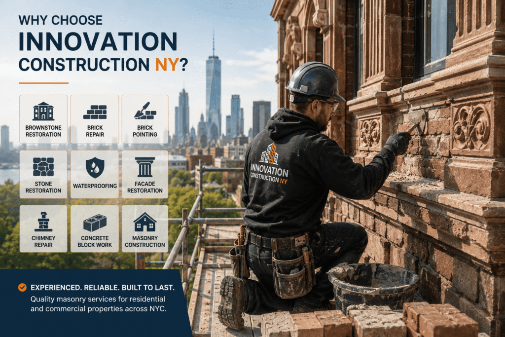 Professional masonry contractor restoring a historic NYC brownstone facade for residential and commercial masonry services by Innovation Construction NY